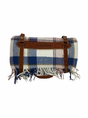 Pendleton Blue Cream Plaid Wool Travel Blanket Bag with Leather Straps